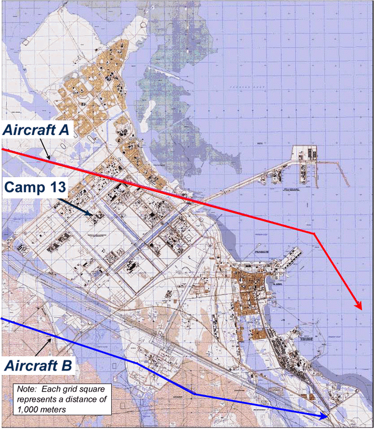 Figure 5.  Flight paths of aircraft that caused the loud noise (sonic boom)