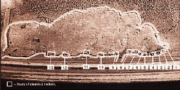 Figure 27. Pre-demolition imagery of the 600m x 150m Pit, showing the 13 stacks of rockets