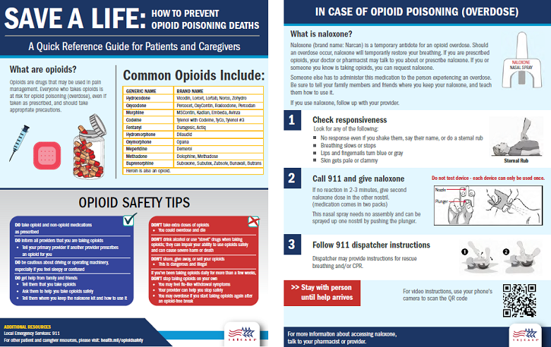 Screenshot of flyer titled, “Save a Life: How to Prevent Opioid Poisoning Deaths.” Click to download full PDF