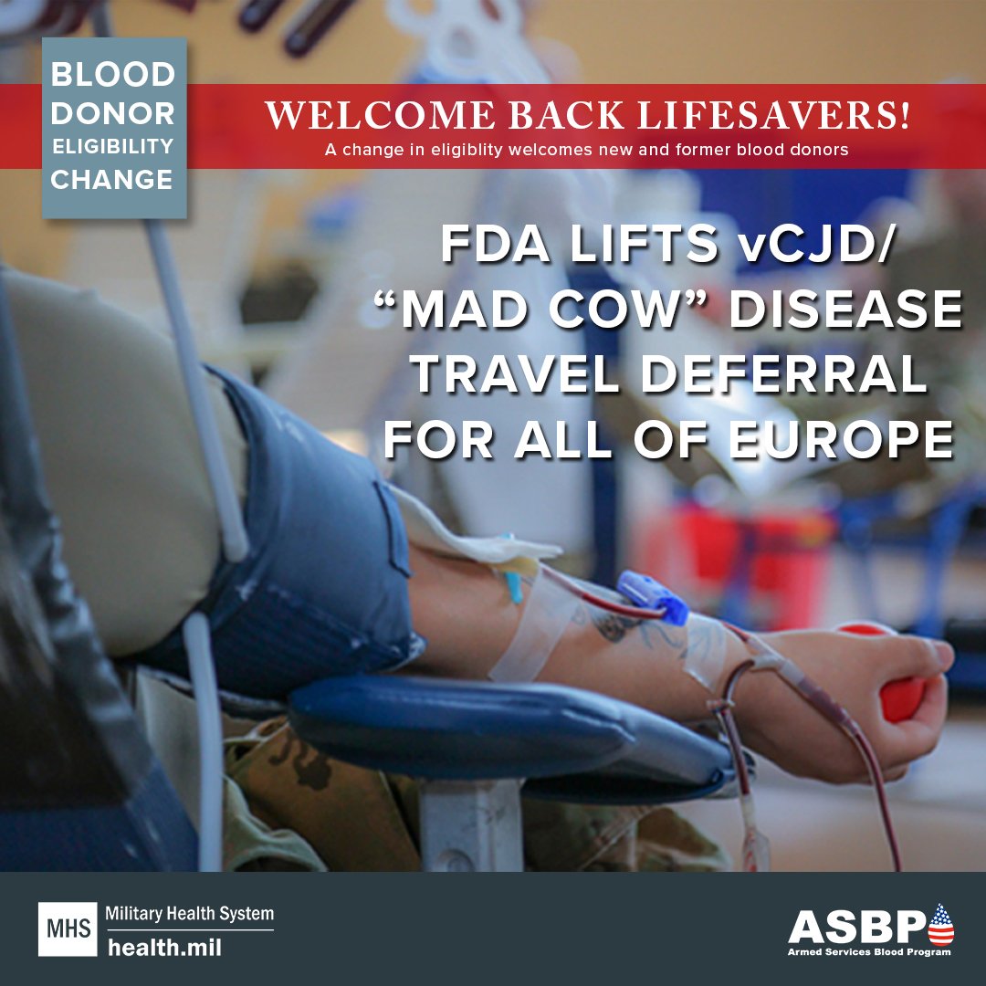Link to Infographic:  Welcome Back Lifesavers! FDA lifts vCJD/"Mad Cow" Disease Travel deferral for all of Europe.