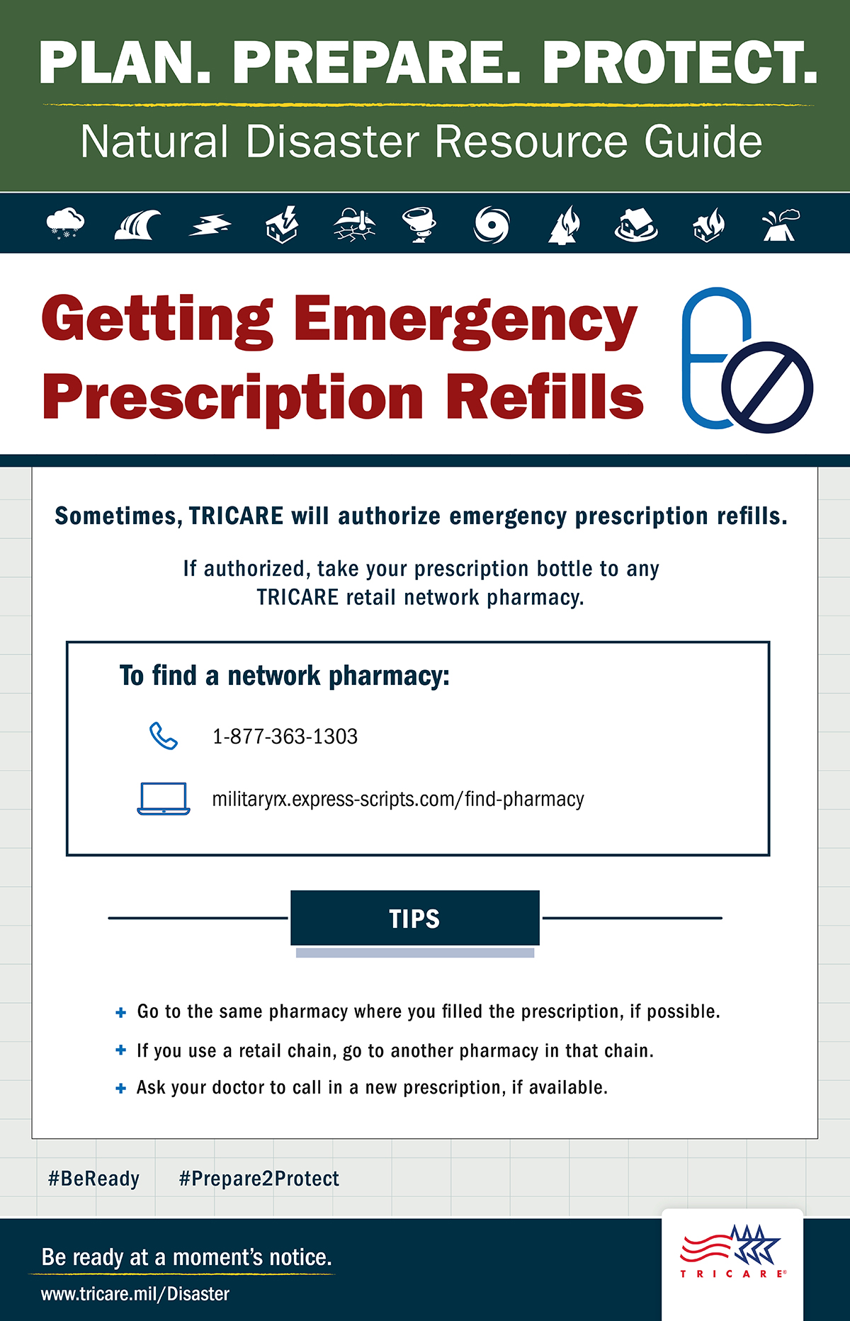Link to Infographic:  This graphic highlights how to obtain emergency prescription refills in the event of a natural disaster. 