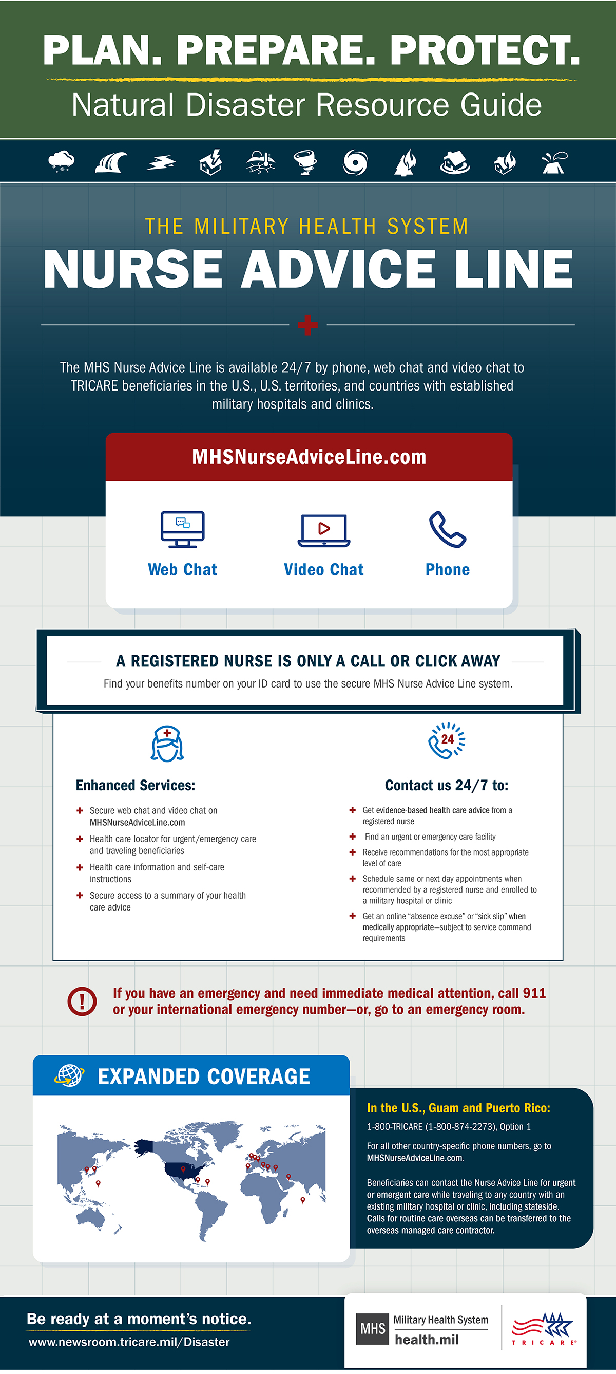 Link to Infographic:  The MHS Nurse Advice line is available 24/7 by phone, web chat and video chat to all TRICARE beneficiaries in the U.S. and U.S. Territories, and countries with established military hospitals and clinics. This NAL infographic incudes the website www.MHSNurseAdviceLine.com and describes enhanced services provided by the MH NAL and expanded overseas coverage.