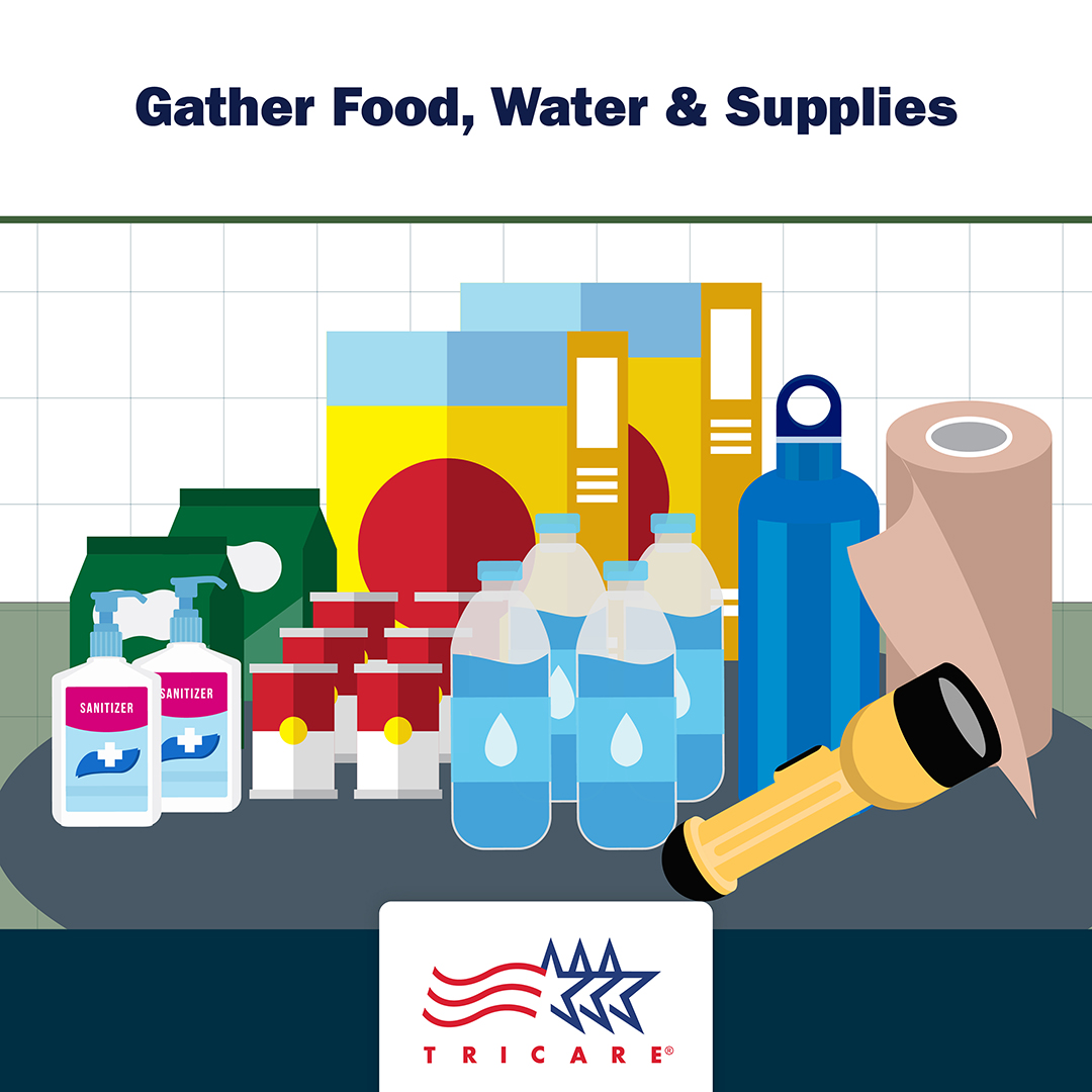 Link to Infographic:  Image of food, water and supplies with text "Gather Food, Water and Supplies"