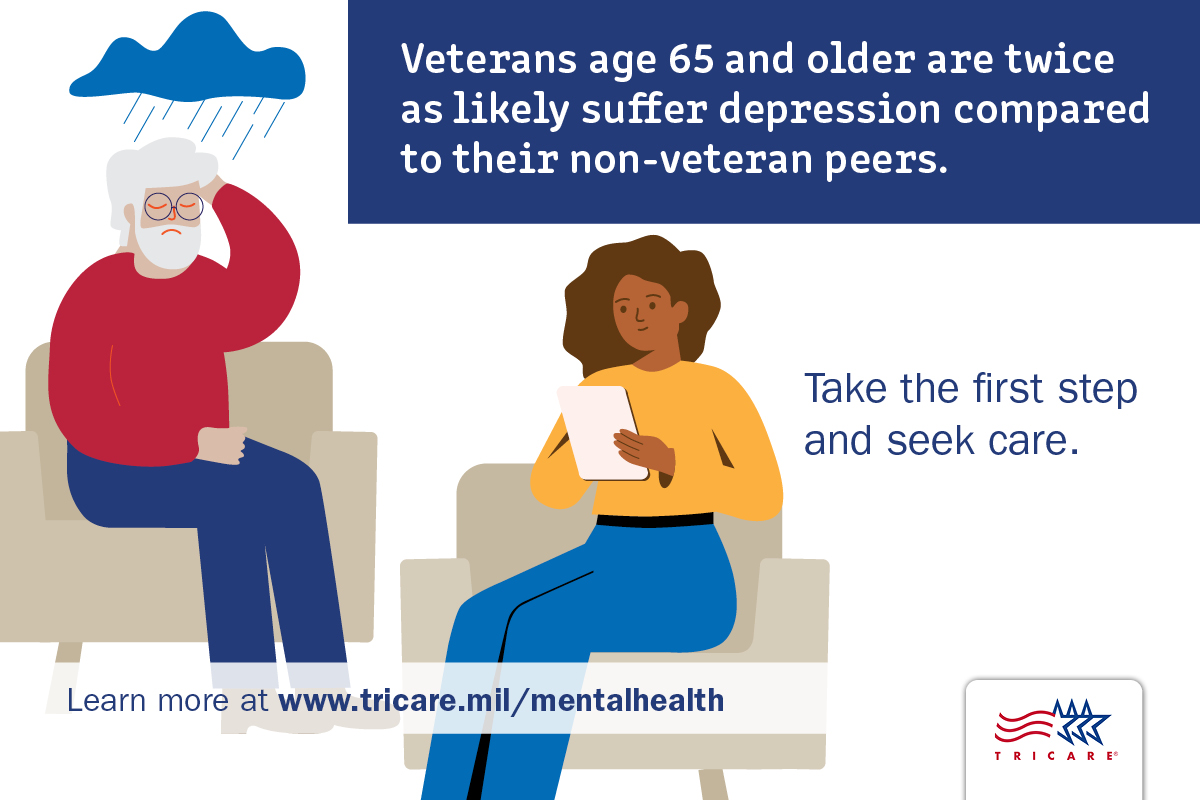 Graphic showing an elderly speaking with a therapist, and encourages you to seek mental health care. Links to www.tricare.mil/menalhealth