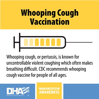 Link to Infographic: Whooping cough vaccination - whooping cough, or pertussis, is known for uncontrollable violent coughing which often makes breathing difficult. CDC recommend whooping cough vaccine for people of all ages.