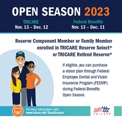 Reserve Component Member or family members enrolled in TRICARE Reserved Select or TRICARE Retired Reserve can enroll vision insurance during Open Season. A family is on the left, the TRICRE logo on the bottom right, and a link to www.tricare.mil/openseason on the bottom left.