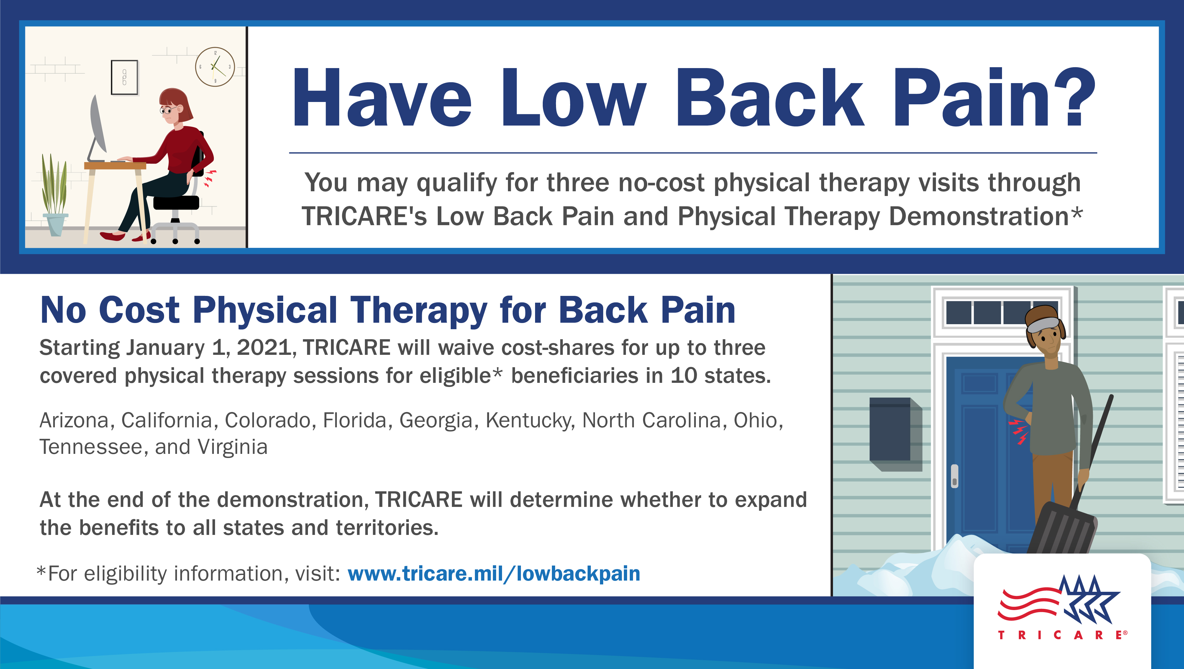 Link to Infographic: screensaver featuring images of people with low back pain and explaining that TRICARE will waive cost-shares for up to three low back pain physical therapy sessions for beneficiaries in ten demonstration states, if beneficiaries meet eligibility criteria.