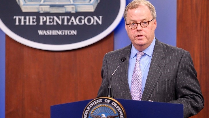 Image of Mr. McCaffery speaking at a podium at the Pentagon.