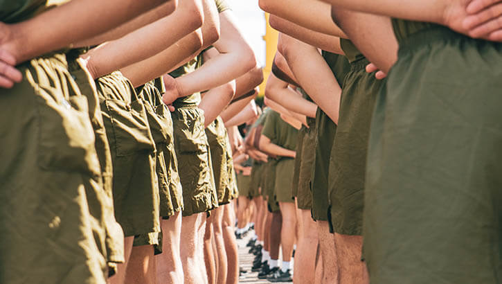 U.S. Marines wait for instruction from their Senior Drill Instructor after concluding a motivational run at Marine Corps Recruit Depot San Diego, on March 11, 2021. 