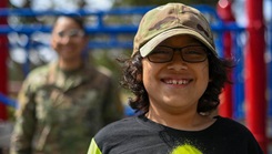 Airman 1st Class Rocio Romo, Space Launch Delta 30 public affairs specialist, and her son pose for a photo at Cocheo Park on Vandenberg Space Force Base, California, March 25, 2022. During the month of April, we celebrate Month of the Military Child to highlight the sacrifices military children make on the home front while their parents serve the United States. (Photo: Airman Kadielle Shaw, Space Launch Delta 30 Public Affairs)