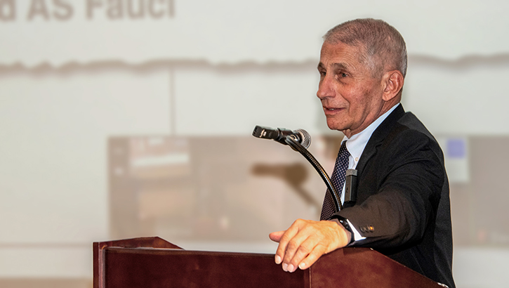 Dr. Anthony Fauci delivers the annual David Packard Lecture, April 11, 2022. (Photo credit: Tom Balfour, USU)