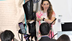 Jamie Boehm, a certified orthotist prosthetist at Walter Reed, shows a current-day prosthetic during the Science Café's program focused on the Department of Defense (DOD) Limb Trauma Care at the National Museum of Health and Medicine. (Photo: Bernard Little)