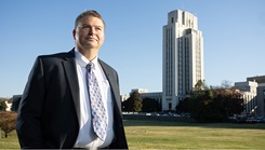 Dr. Douglas S. Brungart poses for a photo in front of the tower at Walter Reed National Military Medical Center (WRNMMC), Nov. 8 2023. Dr. Brungart, is the Chief Scientist of the National Military Audiology and Speech Pathology Center at WRNMMC. (Photo: Ricardo Reyes-Guevara)