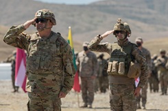 U.S. Army Col. Kris Marshall, co-director of Exercise Agile Spirit 2021, salutes during a closing ceremony August 6, 2021 at Orpholo Training Area, Georgia. Agile Spirit 21 promotes regional stability and security, while increasing readiness, strengthening partner capabilities and fostering trust. Agile Spirit provides vital opportunities, not only for multiple U.S. services to work together, but also for integrated, total force training with U.S. Reserve and National Guard units and our partner nations’ militaries to ensure interoperability. (U.S. Army National Guard photo by Cpl. Rydell Tomas)