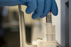 Staff Sgt. Cory Gage, 23d Medical Support Squadron medical laboratory technician, places a blood specimen in an automated hematology analyzer, Aug. 29, 2017, at Moody Air Force Base, Ga. Moody’s lab technicians process blood to check for a variety of cell abnormalities from infections to cancer. (U.S. Air Force photo by Airman 1st Class Erick Requadt)