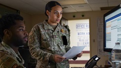 U.S. Air Force Staff Sgt. Destani Alvarado, 81st Diagnostic and Therapeutics’ Squadron radiology noncommissioned officer in charge, and U.S. Air Force Staff Sgt. Michael Wallace, 81st MDTS radiology floor manager, examine patients records through the Military Health System GENESIS at the medical center, Keesler Air Force Base, Biloxi, Mississippi, on Jan. 6, 2023. MHS GENESIS features a health library where patients can find any information about their health. (U.S. Air Force Airman 1st Class Trenten Walters)