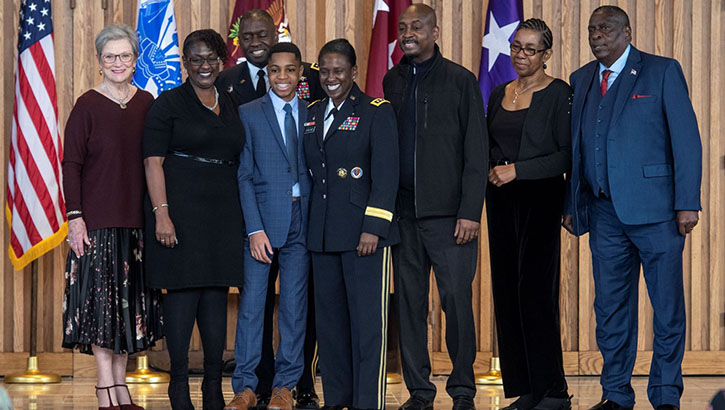 Lt. Gen. Telita Crosland, the Defense Health Agency’s fourth director and first African American DHA director, poses with family and friends after she was promoted to Lieutenant General on Jan. 20, 2023. (Photo by Robert Hammer)