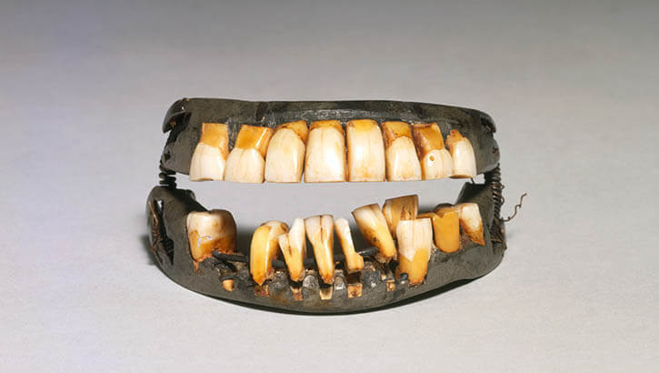 Visitors to the George Washington’s Mount Vernon estate and museum in Mount Vernon, Virginia, can see George Washington’s only remaining full denture among the collection. They include his own pulled and saved teeth, other human teeth, teeth from cows and horses that were filed to fit, and teeth carved from elephant ivory.