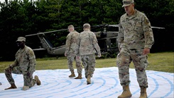 U.S. Army soldiers in recovery currently assigned to Fort Drum’s Soldier Recovery Unit walk the labyrinth during the Boulder Crest Foundation’s five-day Struggle Well program at Fort Drum