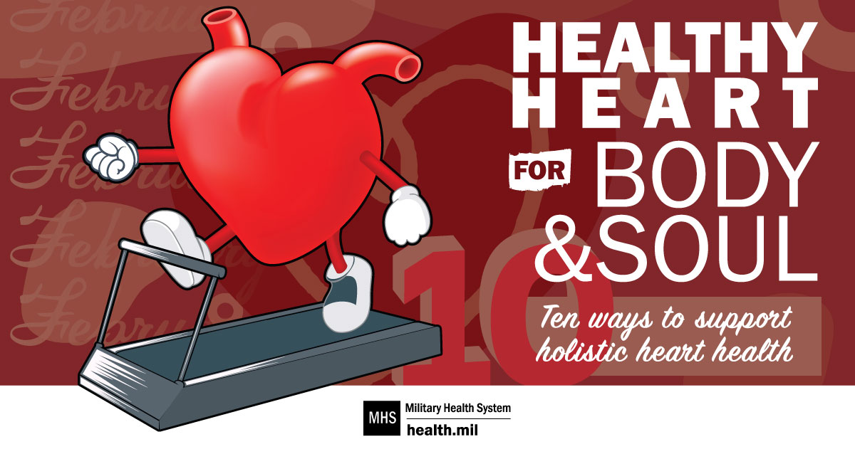picture of a heart running on the treadmill with the words "healthy heart for body and soul. ten ways to support holistic heart health"