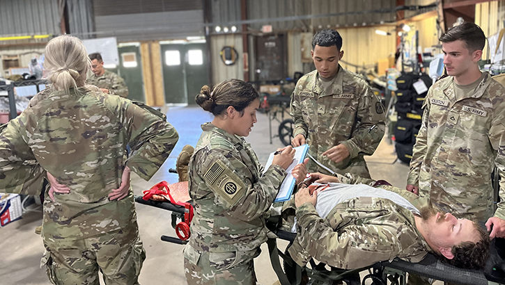 "Warrior Medics" of the 115th Field Hospital are receiving and treating patients at the Emergency Medical Treatment section of the 115th Field Hospital at Joint Readiness Training Center. (Photo by U.S. Army Major Christopher Welch/1st Medical Brigade)