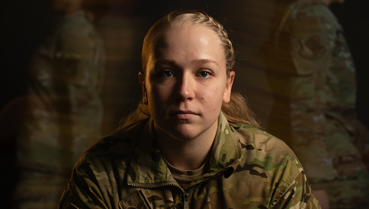 U.S. Air Force Senior Airman Alex Briley, a perianesthesia technician assigned to the 673d Surgical Operations Squadron, poses for a portrait at Joint Base Elmendorf-Richardson, Alaska. Briley uses her personal experiences to help advocate for improved mental health, suicide awareness, and resilience amongst service members. (Photo by U.S. Air Force Senior Airman Patrick Sullivan)