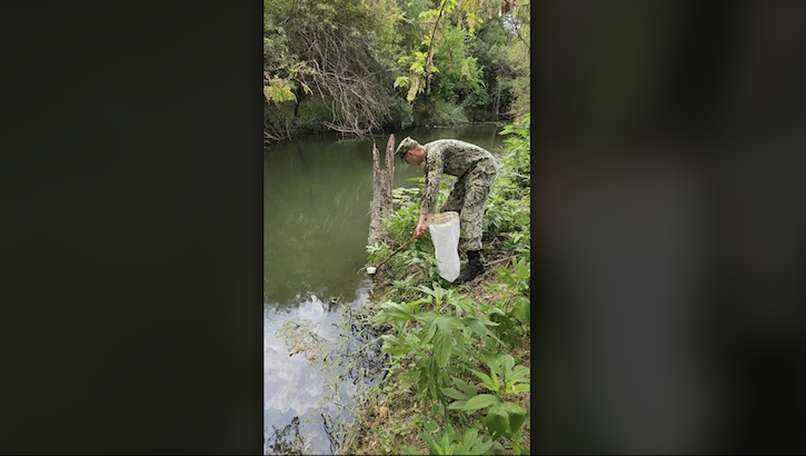 A military medical student studies mosquioto larvae at a creek.