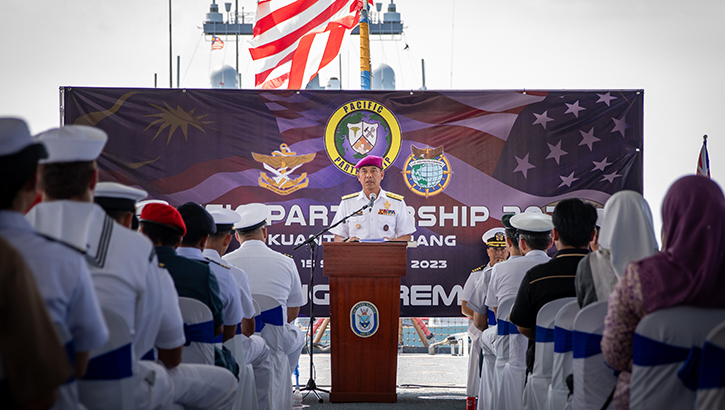Royal Malaysian Navy First Adm. Muhammad Rodhi bi Ariffin, assistant chief of staff, speaks at the Pacific Partnership 2023 closing ceremony hosted aboard the Harpers-Ferry class dock landing ship at USS Pearl Harbor on Sept. 15, 2023. Pacific Partnership is the largest annual multinational humanitarian assistance and disaster relief preparedness mission conducted in the Indo-Pacific. (Photo: U.S. Navy Mass Comm. Spec. 2nd Class Megan Alexander)