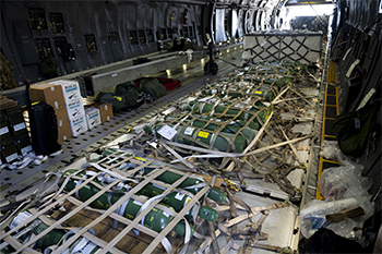 A picture of COVID-19 supplies in a C-5M Super Galaxy