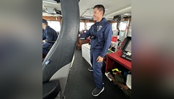 U.S. Coast Guard Petty Officer 2nd Class Steven Zea, a deployed health services technician, observes operations aboard the USCGC Myrtle Hazard in the Coral Sea off Papua New Guinea on Aug. 25, 2023, during a 46-day expeditionary patrol. (U.S. Coast Guard photo by Chief Warrant Officer Sara Muir) 