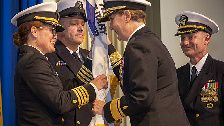 U.S. Navy Capt. Melissa Austin assumed directorship of Walter Reed National Military Medical Center during a ceremony in Memorial Auditorium on July 5, 2023. She assumes the helm of the military hospital, often referred to as “The President’s Hospital,” during a period of transformation for the historic campus. Women physicians have contributed to the success of medical care in the United States. (Photo by Harvey Duze/Walter Reed National Military Medical Center)