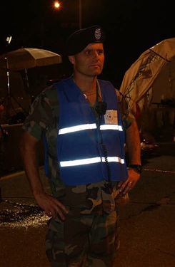 Dr. James Geiling, at the time an Army colonel in charge of the Pentagon's DiLorenzo Tricare Health Clinic, surveys the scene after the terrorist attack on the Pentagon on Sept. 11, 2001.