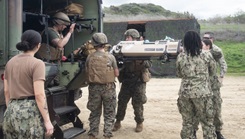 Sailors from Expeditionary Medical Facility 150 Alpha receive a simulated patient from 1st Medical Battalion on Feb. 27, 2024, aboard Naval Expeditionary Medical Training Institute, Marine Corps Base Camp Pendleton.  (Photo: Petty Officer 2nd Class Stevon Duren )