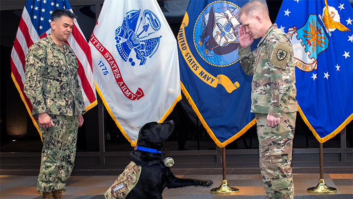 USU officially enlisted Army Sgt. Grover (Sassaman), its second facility dog, during a campus ceremony. (Photo: Tom Balfour, USU)