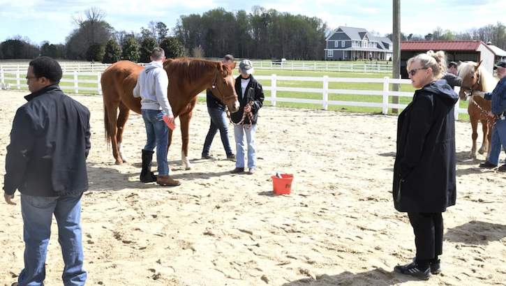 Kelly Moss, Ph.D., Clinical Psychologist, Command Psychologist HQ TRADOC Surgeon’s Office, and a designated Dream Catchers Equine Specialist monitors Soldiers as they interact with horses during a therapy session. (Photo By Andrew Brown)