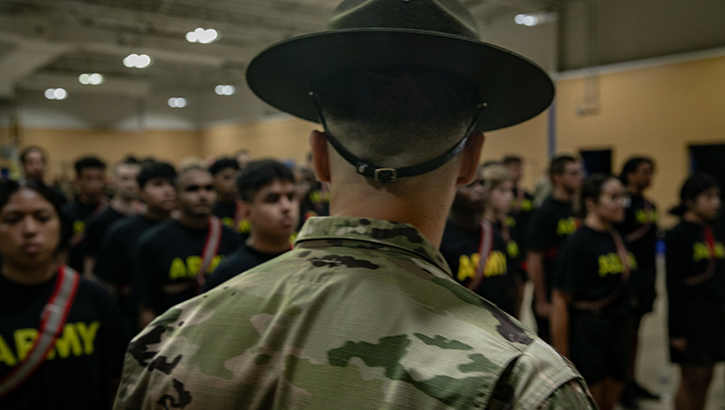 Soldier faces recruits during a National Guard drill