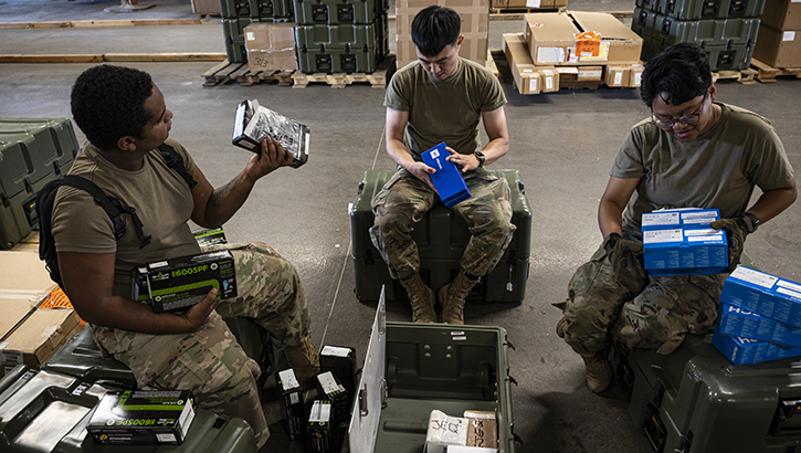 U.S. Army Reserve soldiers from across the 807th Medical Command inventory newly fielded medical equipment inside a storage warehouse at Sierra Army Depot, California, on July 19, 2023. Members of the U.S. Army Medical Materiel Development Activity, U.S. Army Medical Materiel Agency, and soldiers with the 807th MCDS began an inventory of medical supplies this week as part of a capstone field hospital conversion mission for eight Army Reserve medical commands belonging to the 801st Combat Support Hospital. (Photo: T. T. Parish/U.S. Army) 