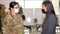 Under Secretary of the Air Force Gina Ortiz Jones visits with 433rd Airlift Wing members at Wilford Hall Ambulatory Surgical Center, Joint Base San Antonio-Lackland, Texas, Oct. 2, 2021.