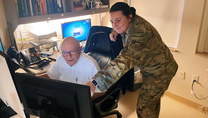 U.S. Air Force Senior Airman Kendra Ward, 6th Medical Support Squadron X-ray and CT scan technologist, works with Dr. Paul Velt, assigned to the 6th MDSS at MacDill Air Force Base, Florida, Sept. 2023. Ward has been recognized for providing radiologic imaging for 265,000 beneficiaries, managing a $3.5 million archival system for eight telehealth sites across the Department of Defense, all while training students to operate a $2 million computed tomography machine. (U.S. Air Force courtesy photo)