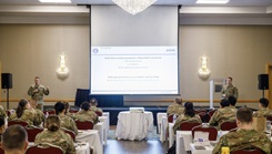 Lt. Col. Eric Meyer, Deputy Director of Psychological Health and Psychiatry Consultant to the U.S. Air Force Surgeon General, and Col. Christian Smith, Air Force Director of Psychological Health, introduced the “Mental Health Overview” at the annual Mental Health Flight Leadership Conference in Orlando, Florida, on March 6, 2024. (U.S. Air Force photo by TSgt. Joshua Barriga)