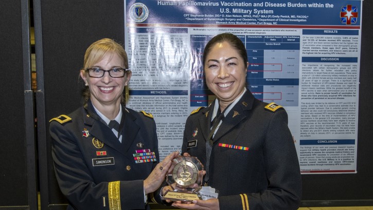 Image of U.S. Army Brig. Gen. Katherine Simonson presents U.S. Army Capt. Stephanie Bulder with a trophy for winning the DHA Clinical Investigations Program second annual Young Investigator Competition at the 2023 annual meeting of AMSUS, the Society of Federal Health Professionals.