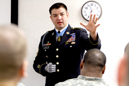 Link to Photo: Medal of Honor recipient Army Sgt. 1st Class Leroy A. Petry talks to soldiers at Fort Sill, Okla, Jan. 12, 2012. Petry lost his right hand throwing a live grenade away from himself and two other Army Rangers during combat in Afghanistan's Paktia province, May 26, 2008. DoD photo by Marie Berberea, Fort Sill