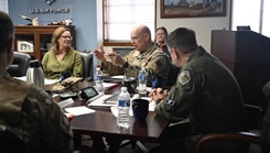 Maj. Gen. Thomas Harrell, director, Defense Health Network Central, Defense Health Agency; director, San Antonio Market; commander, 59th Medical Wing; and the lead for Air Force Medical Agency Alpha, responds to a question about healthcare access for recruiters during a meeting at Joint Base San Antonio-Randolph, Texas, Jan. 11, 2024. (Defense Health Agency photo by Brian J. Valencia)