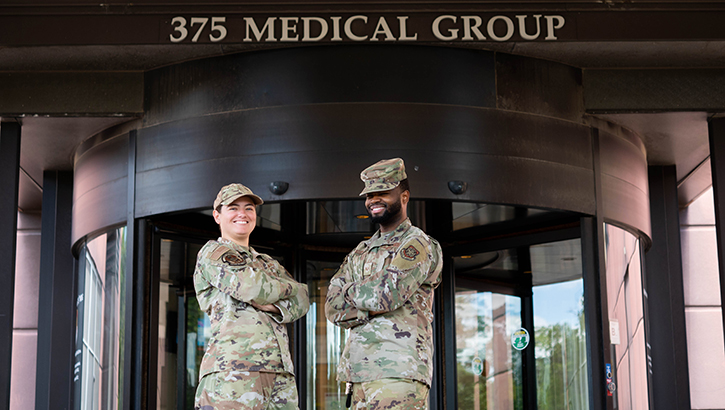U.S. Air Force Senior Airman Gabrielle Smith and Senior Airman De’Nair Adams, 375th Medical Group mental health technicians, pose for a photo on Scott Air Force Base, Illinois, Aug. 30, 2023. Team Scott is embracing a new “Targeted Care” initiative to cut down on mental health patients appointment wait times. (Photo by U.S. Air Force Airman 1st Class Madeline Baisey) 