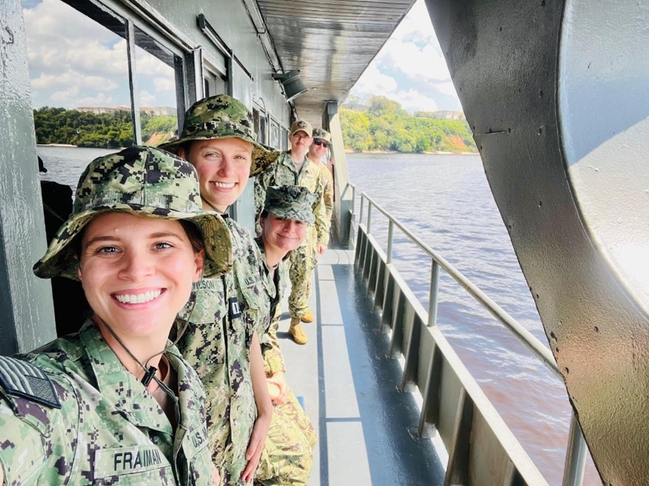Military tropical medicine students on board a Brazilian medical ship as part of the courses field rotations. Pictured above are U.S. Navy Lt. Aviv Fraiman, U.S. Navy Lt. Kylie Wilson, U.S. Navy Lt. Louise Gaunt, U.S. Navy Lt. Cmdr. Cyrus Haselby, and U.S. Navy Capt. Ben Norton. (Photo by Military Tropical Medicine Course)